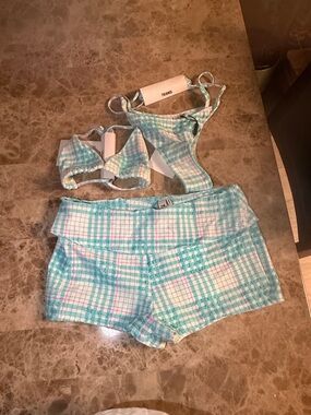 triangl swimwear Aqua and Pink Plaid Bikini Bottom